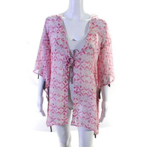 Letarte Handmade Women's Abstract Print Tassel Trim Swimwear Coverup Pink Size X - Picture 1 of 5